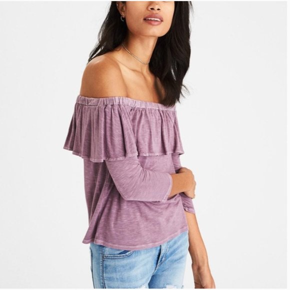 American Eagle Outfitters Tops - American Eagle Outfitters Purple Off-Shoulder Mid Sleeve Top